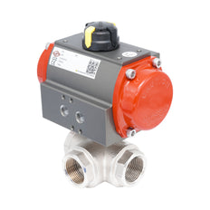 Válvula de bola neumática 3 vías con perforación en T de latón Rp 3/8" - de apertura por muelle
