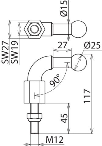 Dehn Punta de Bola Fija 25mm Acodada 90 grados Con Perno Roscado M12x4 - 757245