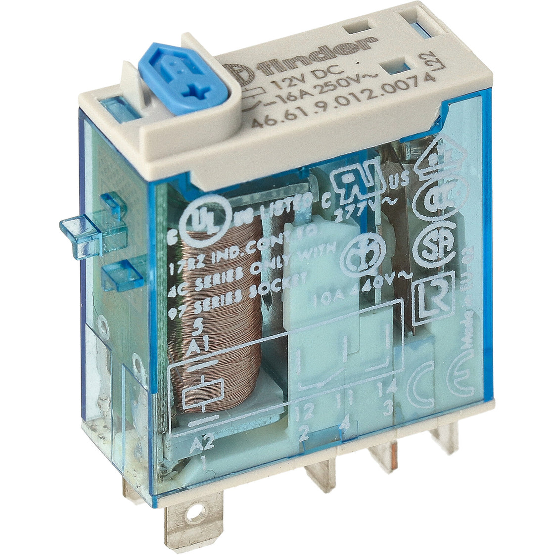 Relé Industrial Finder 16A 12VDC Monopolar Prueba LED - 46.61.9.012.0074