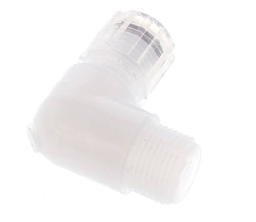 Accesorio de corte acodado de PFA 8x6 mm y G3/8'' con roscas macho 10 bar