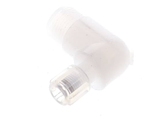 Accesorio de corte acodado de PFA de 6x4 mm y G3/8'' con roscas macho 10 bar