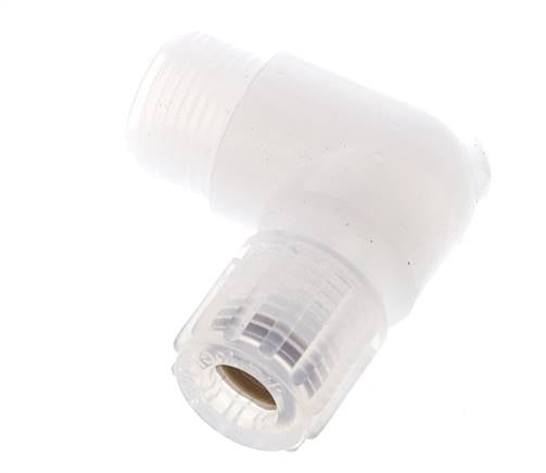 Accesorio de corte acodado de PFA 8x6 mm y G3/8'' con roscas macho 10 bar