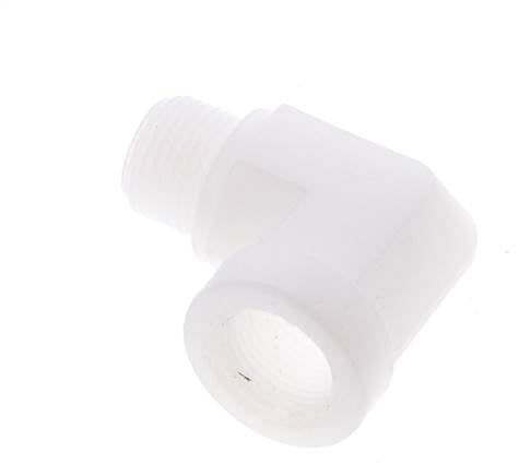 Racor acodado 90deg G3/8'' Macho x Hembra Polipropileno (pp) 10bar (140.5psi) FDA