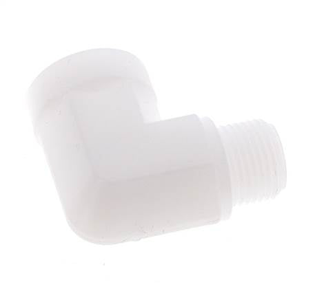 Racor acodado 90deg G3/8'' Macho x Hembra Polipropileno (pp) 10bar (140.5psi) FDA