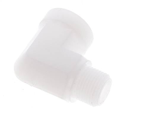 Racor acodado 90deg G3/8'' Macho x Hembra Polipropileno (pp) 10bar (140.5psi) FDA