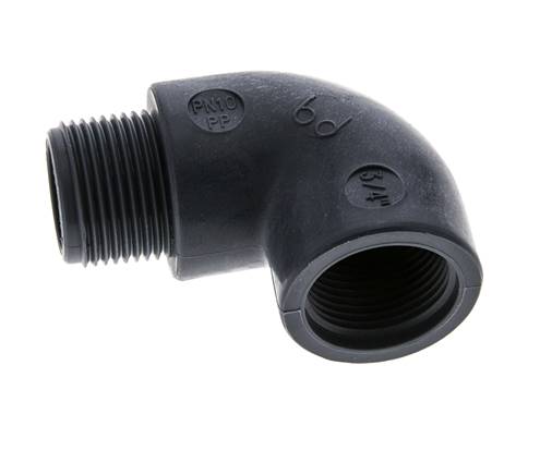 Racor acodado 90deg G3/4'' Macho x Hembra Polipropileno (pp) 10bar (140.5psi) FDA