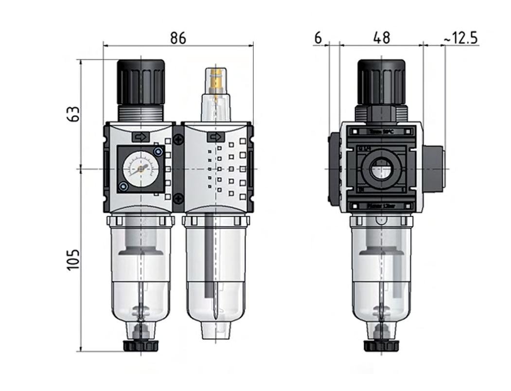 FRL 2 Partes G1/4'' 800l/min 0.2-4.0bar/3-58psi Semi-Auto 40 mm Manómetro Metal Futura 0