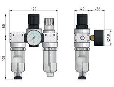 FRL 3 Partes G1/8'' 750l/min 0.2-6.0bar/3-87psi Semi-Auto 40 mm Manómetro Policarbonato Multifix 0