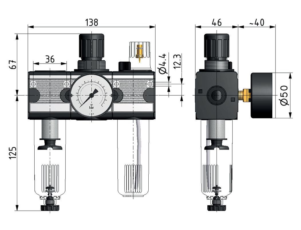 FRL 3 Partes G3/8'' 1200l/min 0.5-10.0bar/7-145psi Jaula de Protección Semiautomática de Policarbonato Multifix 1