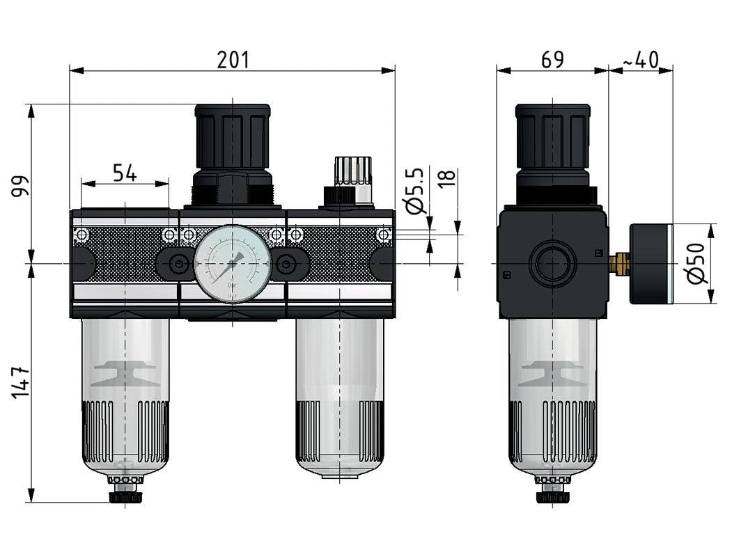 FRL 3 Partes G3/4'' 5800l/min 0.5-10.0bar/7-145psi Jaula Protectora Automática Policarbonato Multifix 2
