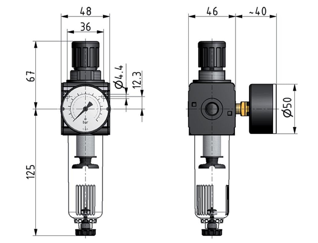 Filtro regulador G3/8'' 1600l/min 0,5-16,0bar/7-232psi Jaula de protección Multifix 1