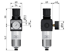 Filtro-regulador G1/2'' 6700l/min 0.2-6.0bar/3-87psi Bloqueo de cilindro semiautomático E-11 Policarbonato Multifix 2