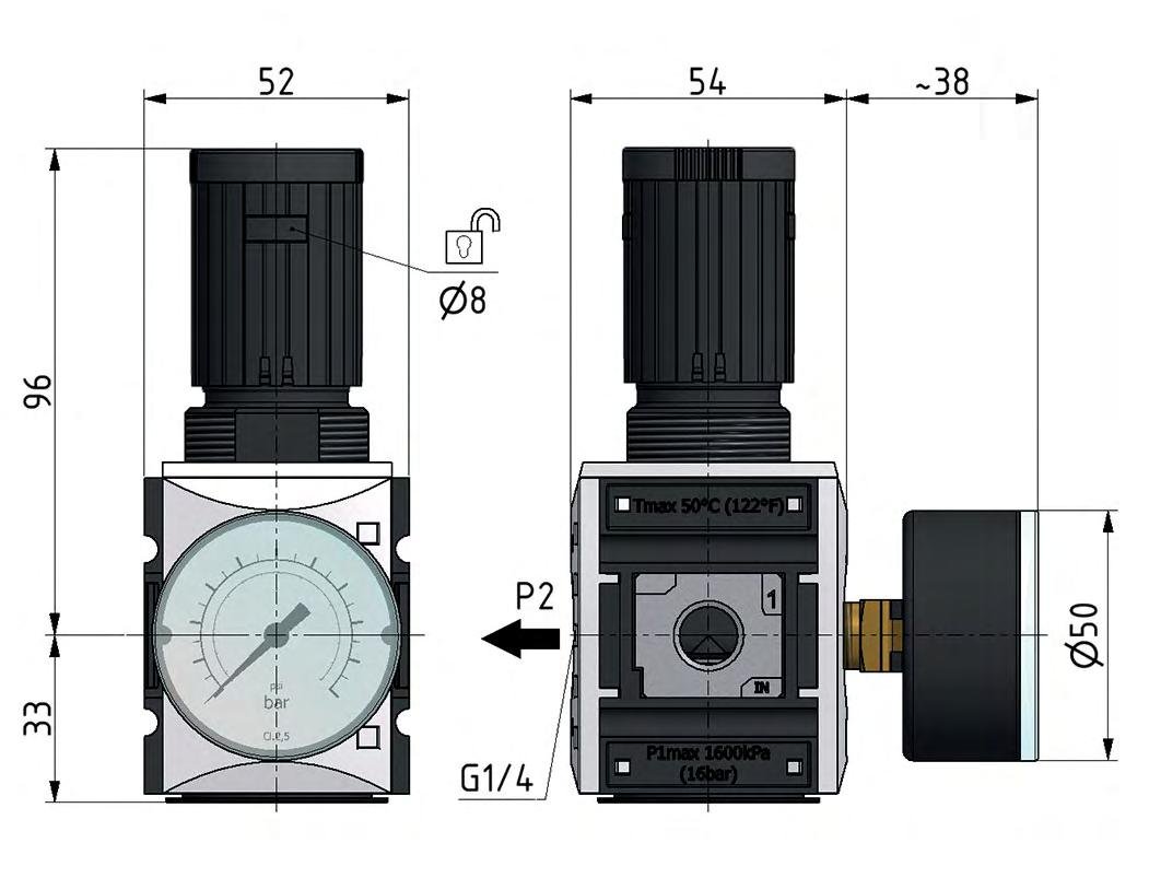 Regulador de presión para ensamblaje de colector G1/4''&3/8'' 2500l/min 0.5-8.0bar/7-116psi PA Futura 1