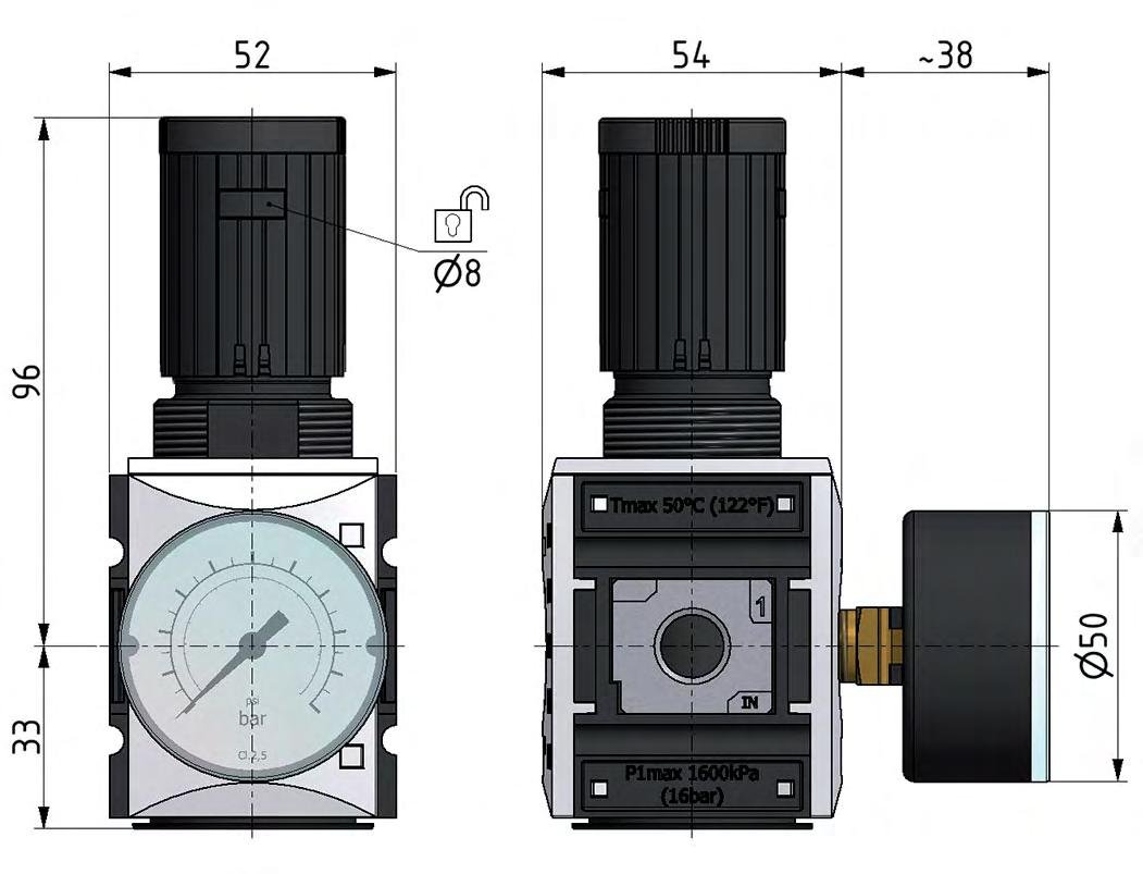 Regulador de presión de precisión para montaje de colector G1/4''&3/8'' 2500l/min 0.5-8.0bar/7-116psi PA Futura 1