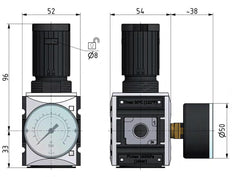 Regulador de presión de precisión G1/4'' 2000l/min 0.1-2.0bar/1-29psi PA Futura 1