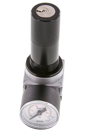 Regulador de presión G1/4'' 1450l/min 0.5-10.0bar/7-145psi de fundición de zinc con manómetro de 40 mm y cierre de cilindro Multifix 0