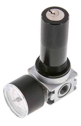 Regulador de presión G1/4'' 1450l/min 0.5-10.0bar/7-145psi de fundición de zinc con manómetro de 40 mm y cierre de cilindro Multifix 0