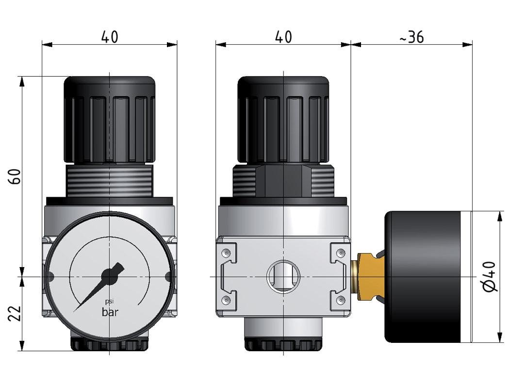 Regulador de presión G1/8'' 1450l/min 0,1-3,0bar/1-44psi Manómetro de 40 mm Bloqueo de cilindro Multifix 0