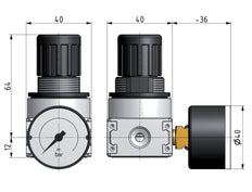 Regulador de presión G1/4'' 700l/min 0,5-10,0bar/7-145psi Manómetro de 40 mm Multifix 0