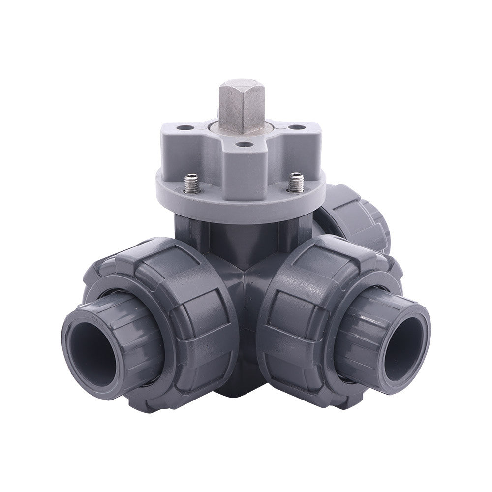 Solvent Socket 40 mm T-bore 3-Way PVC Ball Valve ISO-Top 10 bar PTFE/EPDM