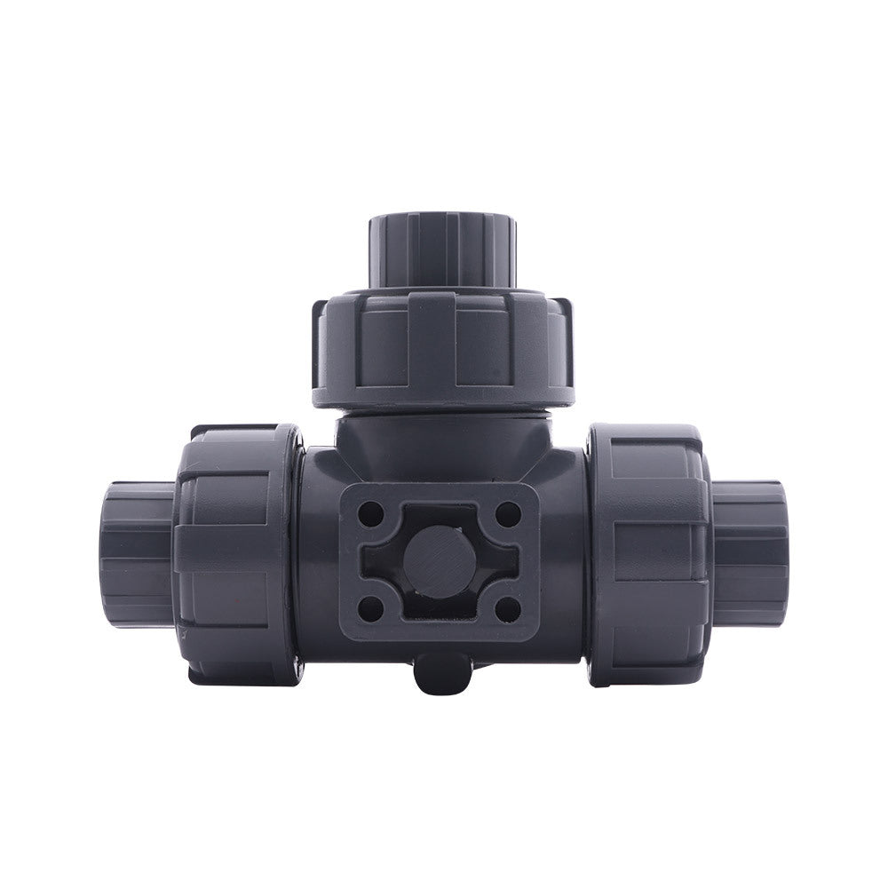 Solvent Socket 40 mm T-bore 3-Way PVC Ball Valve ISO-Top 10 bar PTFE/EPDM