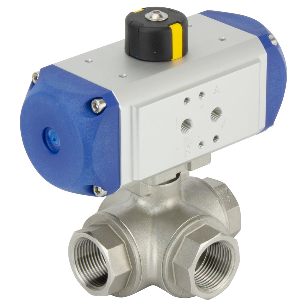 Válvula de bola neumática G1-1/4'' de 3 vías y puerto en L, de acero inoxidable, cerrada por resorte - BL3SA
