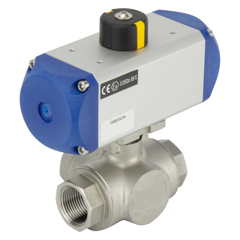 Válvula de bola neumática G1-1/4'' de 3 vías y puerto en L, de acero inoxidable, abierta por resorte - BL3SA