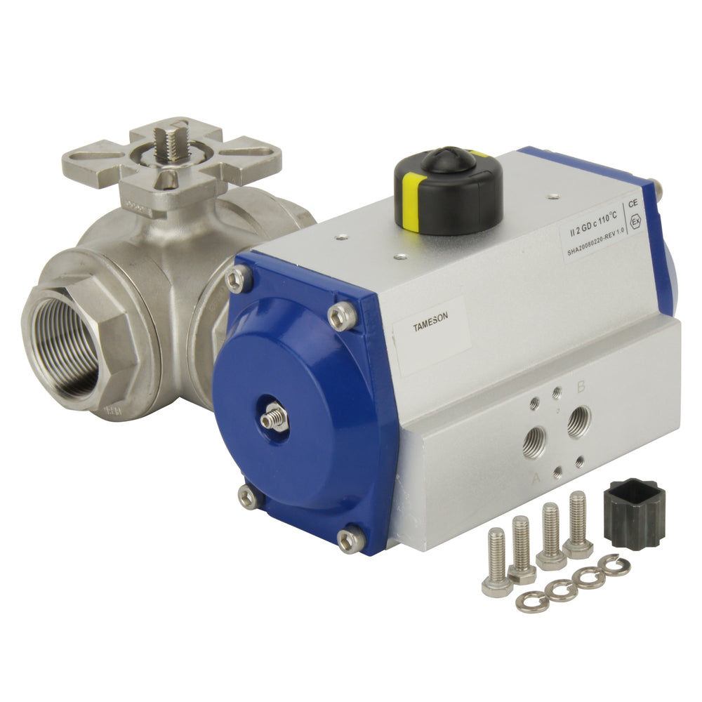 Válvula De Bola Neumática De Acero Inoxidable G1-1/2'' De 3 Vías T-port Con Resorte Abierto - BL3SA