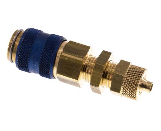 Latón DN 5 Azul Acoplamiento de aire Socket 4x6 mm Unión Tuerca Pasamuros Doble Cierre