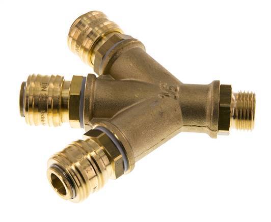 Acoplamiento de aire de latón DN 7.2 (Euro) Enchufe G de 1/2 pulgada macho para montaje en pared de 3 vías