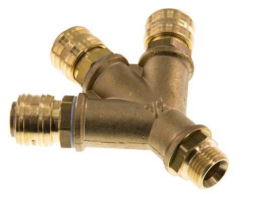 Acoplamiento de aire de latón DN 7.2 (Euro) Enchufe G de 1/2 pulgada macho para montaje en pared de 3 vías