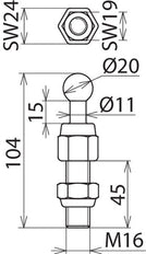 Punta esférica fija con perno roscado y tuerca M16x45mm D20mm recta - 754645