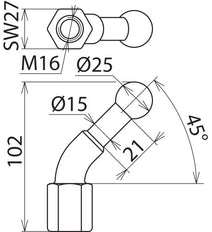 Punta esférica fija D25mm acodada 45 grados con rosca hembra M16 - 756600