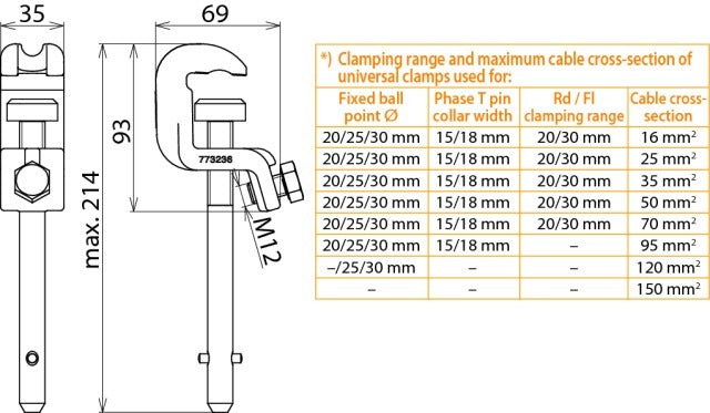 Dehn Universal Clamp D 20/25mm T 15mm With Long T Pin Shaft - 773236