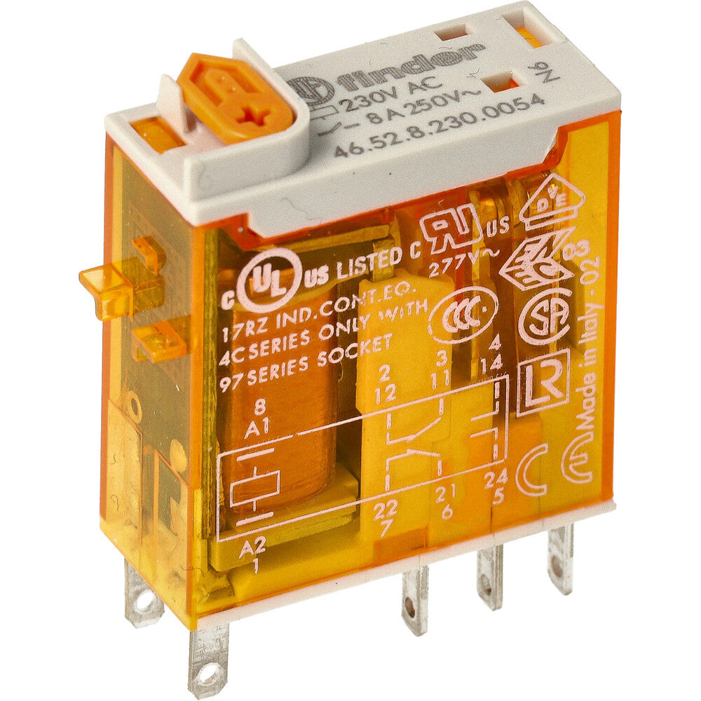 Finder 46.52 Mini Industrial Relay 8A 230VAC With Test LED - 46.52.8.230.0054