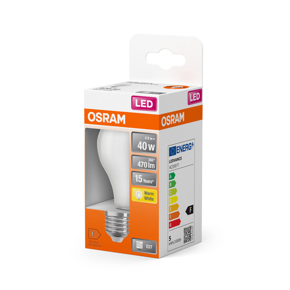 OSRAM LED Classic A40 E27 4.9W 2700K Frosted Bulb - 4058075127319 [2 Pieces]