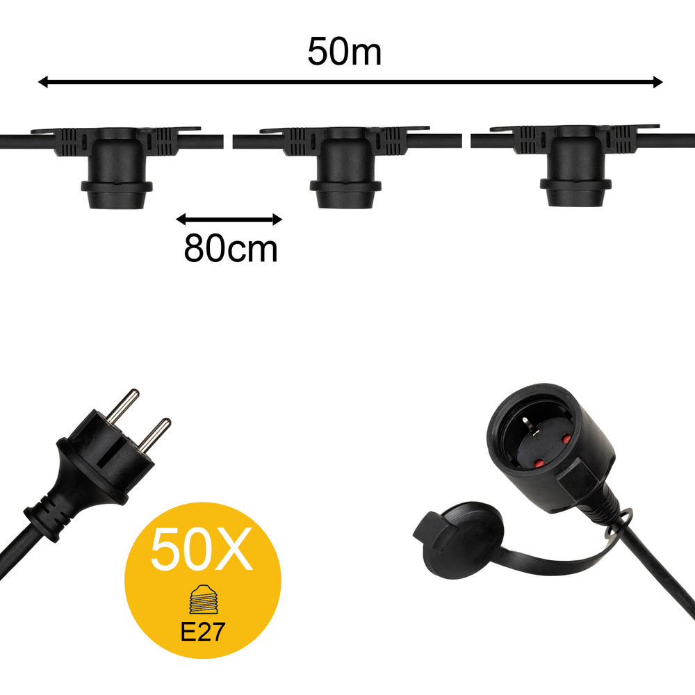Commercial Grade E27 String Light 50M With 50 Sockets IP44 - 142611