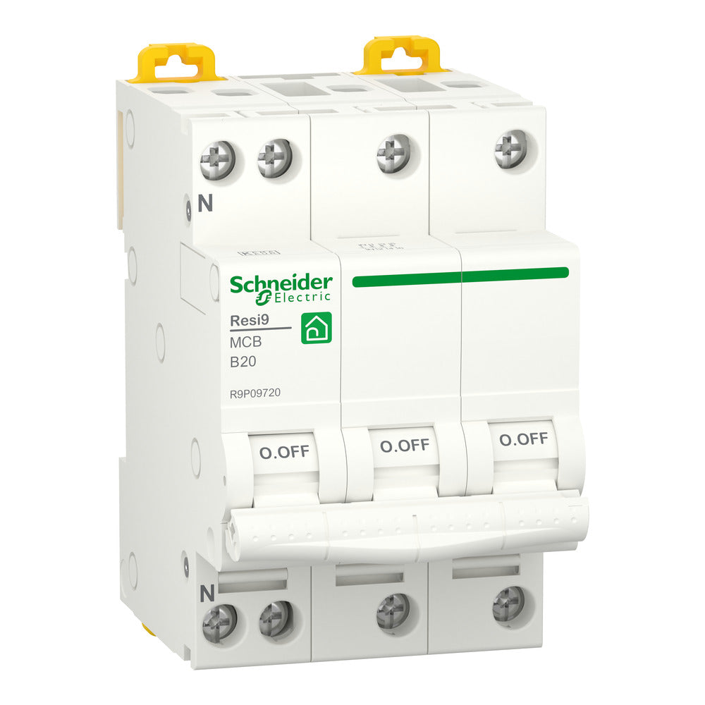 Schneider Resi9 MCB 3P+N 20A Curva B 6kA Interruptor Automático - R9P09720