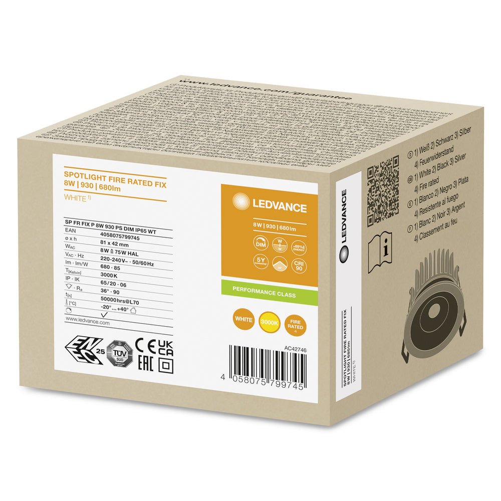 Fire Rated LED Recessed Spotlight 8W IP65 Dimmable 930 - 4058075799745