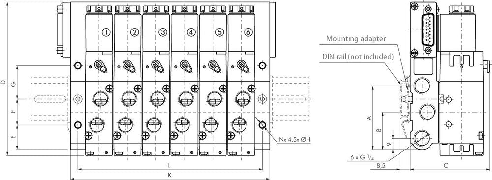 G1/4'' 4x Terminal de válvulas neumático 24V CC 1,5-8bar/21,0-112psi Multipolo E.MC