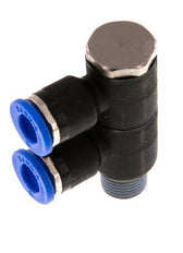 6mm x R1/8'' 2-way Manifold Push-in Fitting with Male Threads Brass/PA 66 NBR Rotatable