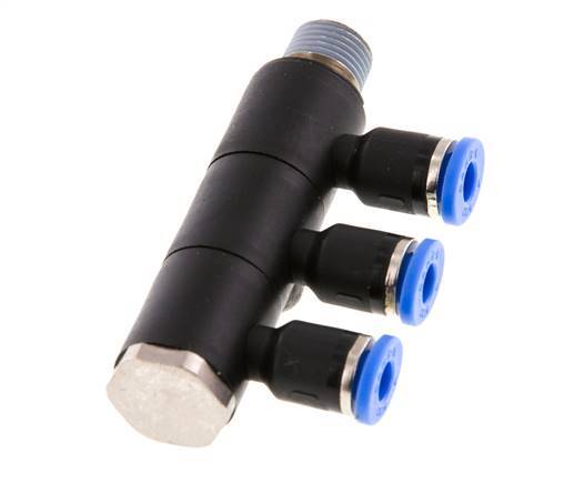 Racor rápido de 3 vías de 4 mm x R1/8'' con rosca macho Latón/PA 66 NBR Giratorio