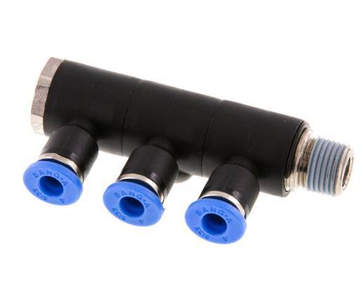 Racor rápido de 3 vías de 4 mm x R1/8'' con rosca macho Latón/PA 66 NBR Giratorio