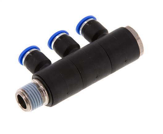 Racor rápido de 3 vías de 6 mm x R1/4'' con rosca macho Latón/PA 66 NBR Giratorio