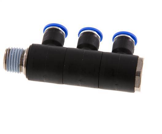 Racor rápido de 3 vías de 6 mm x R1/4'' con rosca macho Latón/PA 66 NBR Giratorio