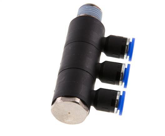 Racor rápido de 3 vías de 6 mm x R1/4'' con rosca macho Latón/PA 66 NBR Giratorio