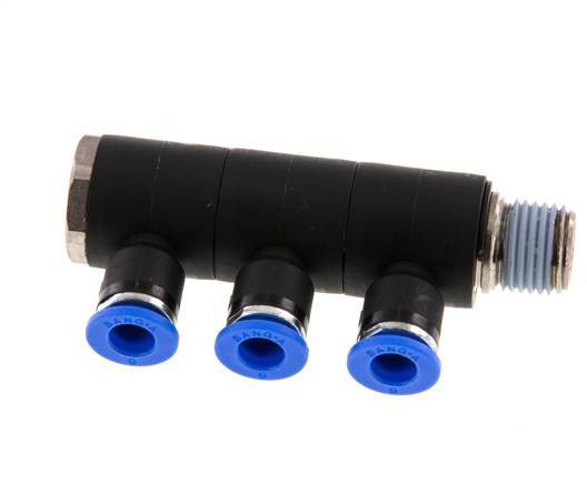 Racor rápido de 3 vías de 6 mm x R1/4'' con rosca macho Latón/PA 66 NBR Giratorio