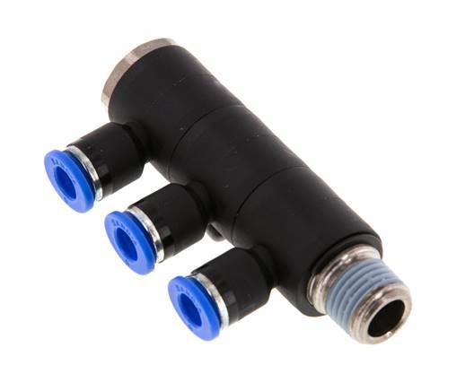 Racor rápido de 3 vías de 6 mm x R1/4'' con rosca macho Latón/PA 66 NBR Giratorio