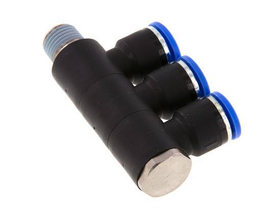 10mm x R1/4'' 3-way Manifold Push-in Fitting with Male Threads Brass/PA 66 NBR Rotatable