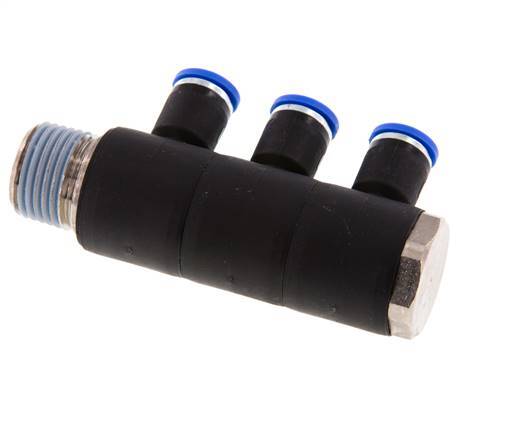 8mm x R1/2'' 3-way Manifold Push-in Fitting with Male Threads Brass/PA 66 NBR Rotatable
